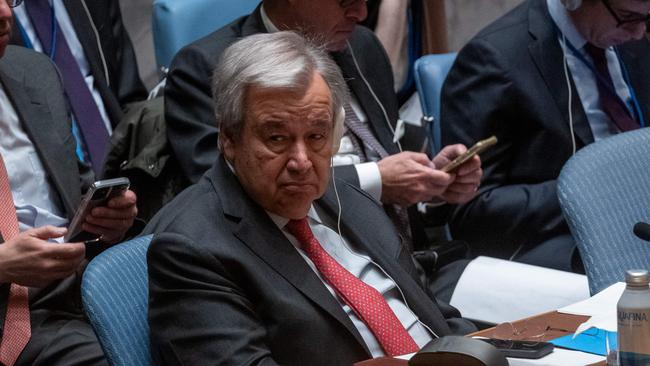 The United Nations secretary-general Antonio Guterres attends a meeting on the Middle East, including the situation in Gaza. Picture: Getty