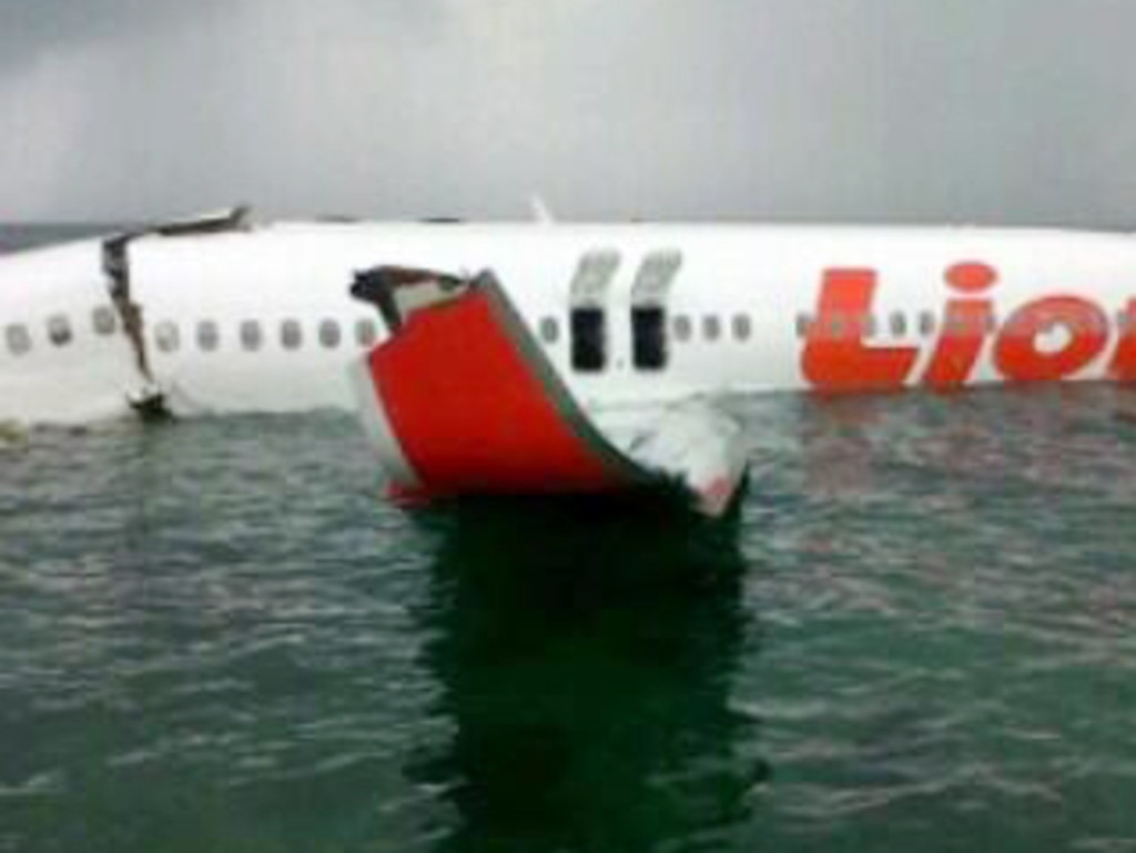 The fuselage of this Lion Air plane split in two when it missed the runway and landed in water in 2013.