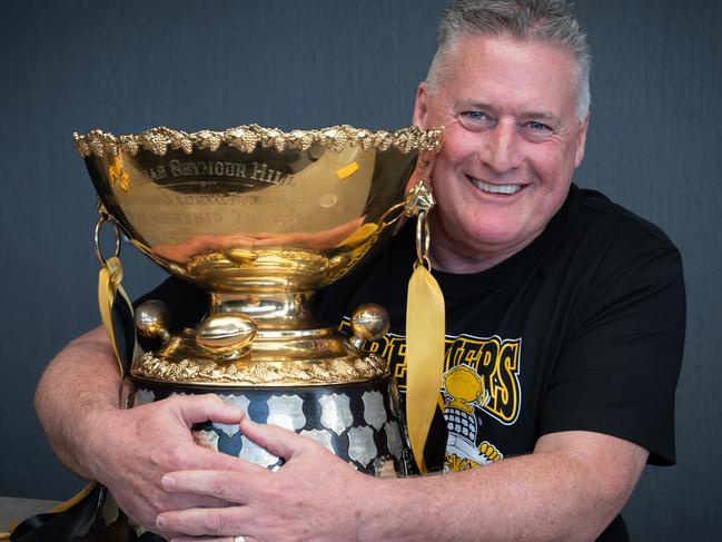 23rd September 2024 - Glenelg FCÃs Head of Football Paul Sandercock with the SANFL Premiership trophy celebrating Mad Monday at the Marion Hotel. Photo: Naomi Jellicoe