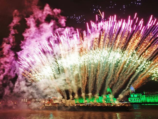 Drones and fireworks illuminate the night sky over the Old Royal Naval College. Picture: Getty