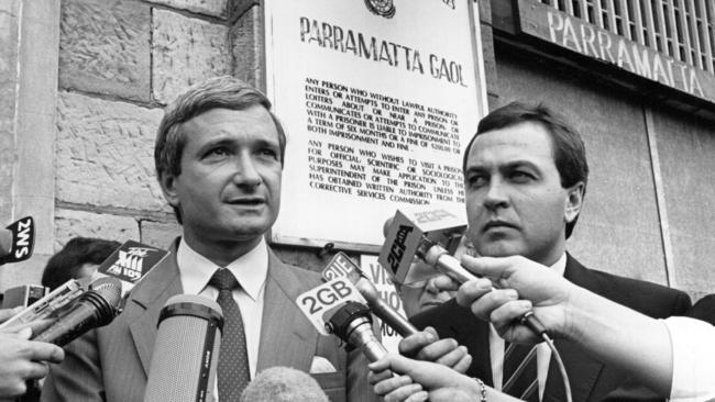 Former NSW Premier Nick Greiner with Michael Yabsley during a press conference in 1988 outside Parramatta Gaol. Picture: Steve Cooper