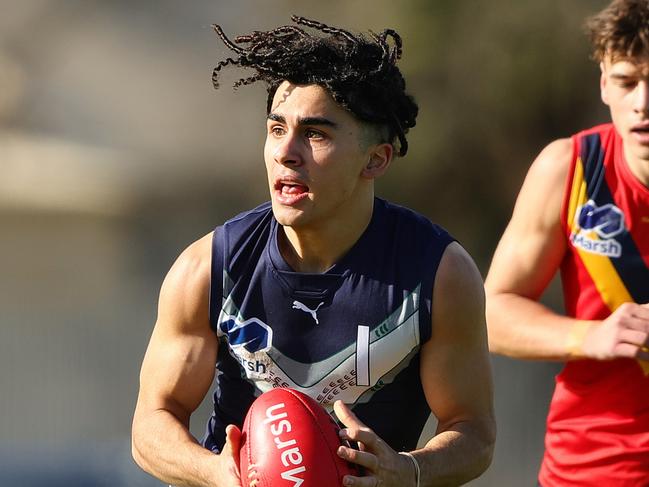 ADELAIDE, AUSTRALIA - June 30: Isaac Kako of Victoria Metro during the 2024 Marsh AFL Championships U18 Boys match between South Australia and Victoria Metro at Alberton Oval on June 30, 2024 in Adelaide, Australia. (Photo by Sarah Reed/AFL Photos via Getty Images)