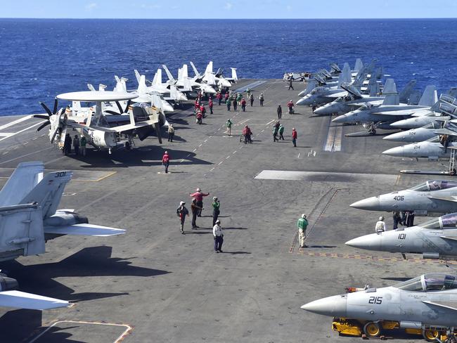 Aircraft operations aboard the USS Ronald Reagan (CVN 76) outside of Rockhampton, Queensland, as the aircraft carrier is taking part in Exercise Talisman Sabre 2017. Picture: Wesley Monts