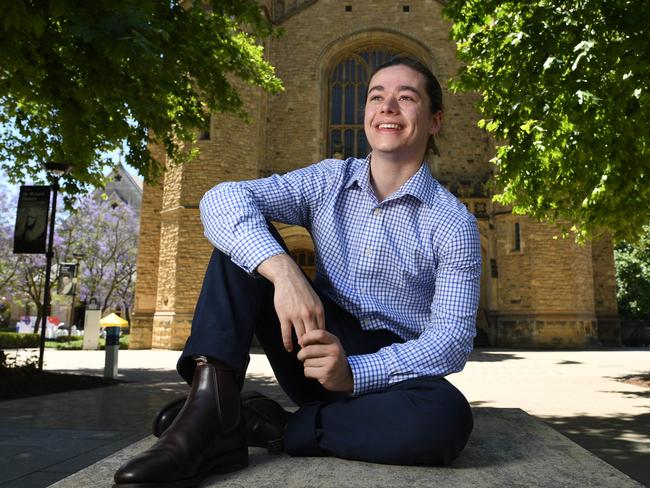 THE ADVERTISER FOUNDATION TREE. Jaxon Craggs at Adelaide Uni North Terrace Campus. Jaxon has just finished an engineering degree at Adelaide University and is now working at SAAB. Pictured on the 3rd December, 2022. Picture: Tricia Watkinson