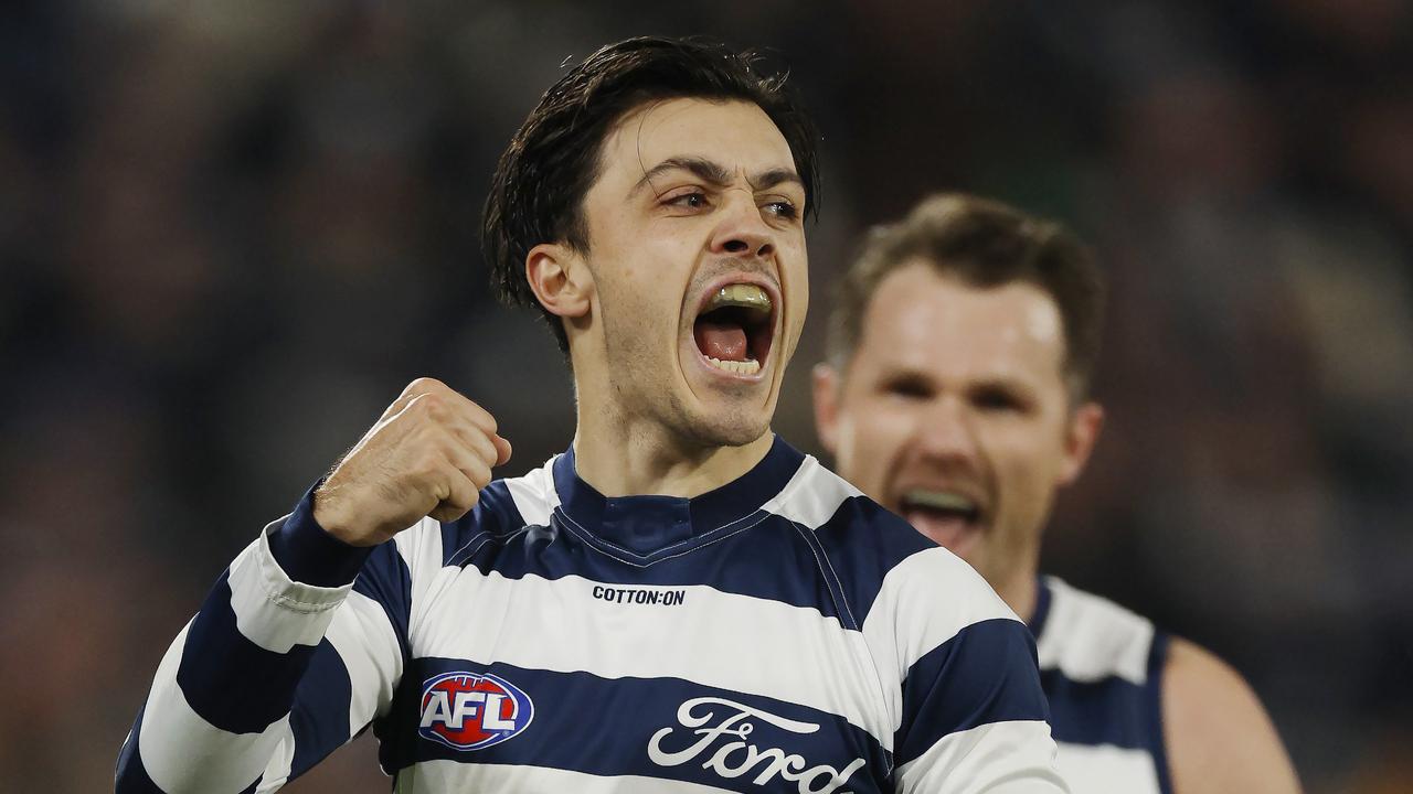 NCA . MELBOURNE, AUSTRALIAÃ&#137; July 6 , 2024. AFL Round 17. Geelong vs Hawthorn at GMHBA Stadium, Geelong. Brad Close of the Cats celebrates a 3rd quarter goal . Pic: Michael Klein