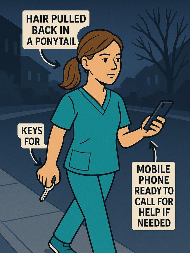 Nurse have said they tie their hair back, keys held in a defensive grip, and phone in hand while walking to her car after a shift. Picture: Supplied.