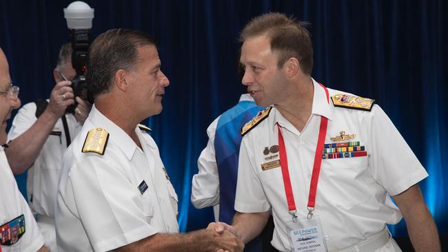 John C. Aquilino, commander of the US Pacific Fleet, left, with Chief of Navy Michael Noonan in Sydney on Tuesday. Picture: Royal Australian Navy