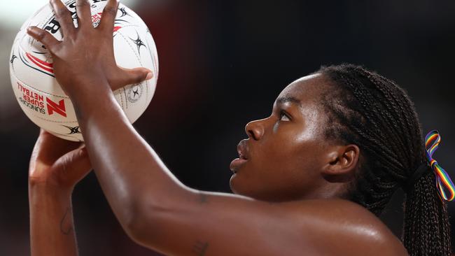 Grace Nweke of the Swifts shoots for goal during the round four Super Netball match between NSW Swifts and Queensland Firebirds. Photo: Getty Images