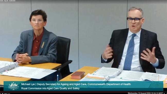 Health department deputy secretary Michael Lye, right, and Aged Care Quality and Safety commissioner Janet Anderson appear before the Royal Commission into Aged Care Quality and Safety.