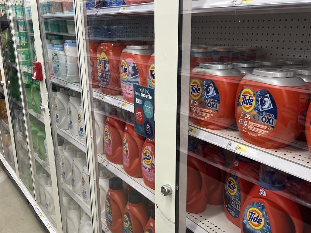 Laundry detergent is kept under lock and key in American Target stores. Picture: news.com.au/ Daniel Peters