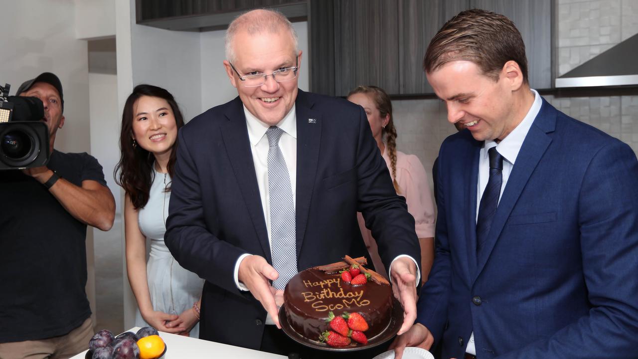 Prime Minister Scott Morrison campaigning in Perth, where he received a birthday cake. Picture: Gary Ramage