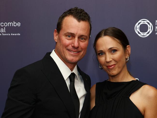 MELBOURNE, AUSTRALIA - DECEMBER 09: Lleyton Hewitt and Bec Hewitt arrive prior to the 2024 Newcombe Medal at Crown Palladium on December 09, 2024 in Melbourne, Australia. (Photo by Graham Denholm/Getty Images for Tennis Australia)