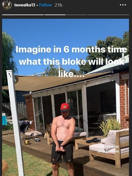 It looks like Crows livewire Rory Atkins is starting to go a little stir-crazy at home, if Taylor Walker's Instagram is anything to go by.