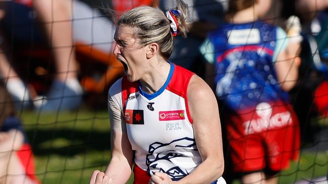 MELBOURNE, AUSTRALIA – SEPTEMBER 16: Kirsten McLeod of the Bulldogs celebrates a goal during the 2023 AFLW Round 03 match between the Melbourne Demons and the Western Bulldogs at Casey Fields on September 16, 2023 in Melbourne, Australia. (Photo by Dylan Burns/AFL Photos via Getty Images)