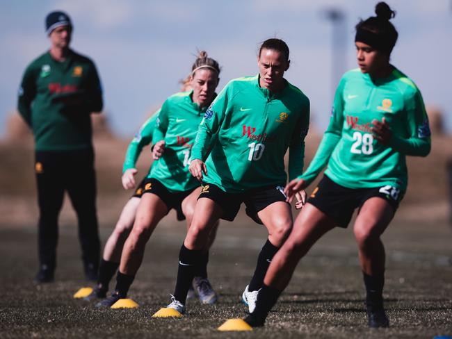 Matildas Training | Monday 1 April, 2019 (from left) Alanna Kennedy, Emily van Egmond and Mary Fowler train with the Matildas in Denver, Colorado ahead of Friday's friendly with the United States. Credit: Rachel Bach