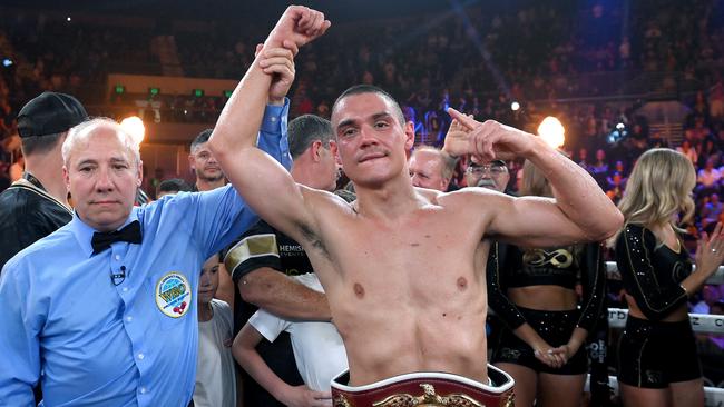 GOLD COAST, AUSTRALIA - OCTOBER 15: Tim Tszyu celebrates victory against Brian Mendoza after the WBO super-welterweight world title bout between Tim Tszyu and Brian Mendoza at Gold Coast Convention and Exhibition Centre on October 15, 2023 in Gold Coast, Australia. (Photo by Bradley Kanaris/Getty Images)