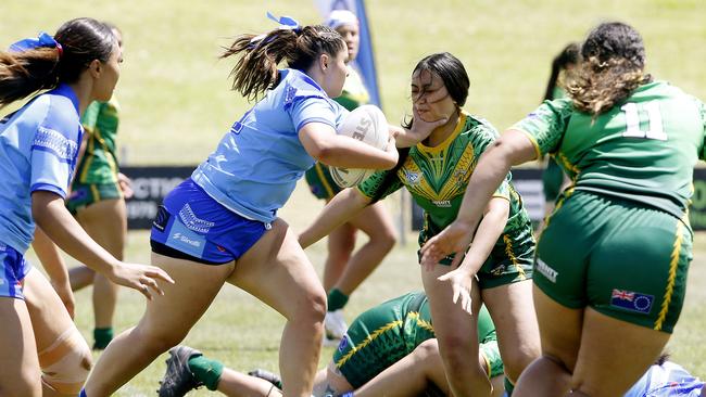 Leilani Alofia from Samoa White. Under 18 Girls Ozzy Cooks (Cook Islands) v Samoa white. Harmony Nines Rugby League. Picture: John Appleyard