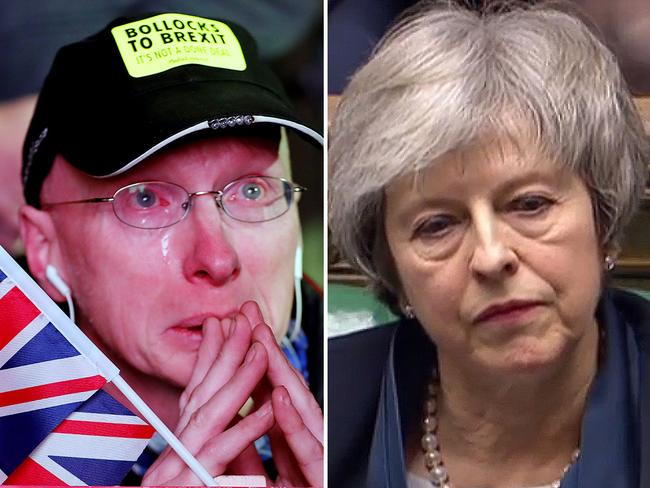 A Brexit protester (left) and British PM Theresa May.