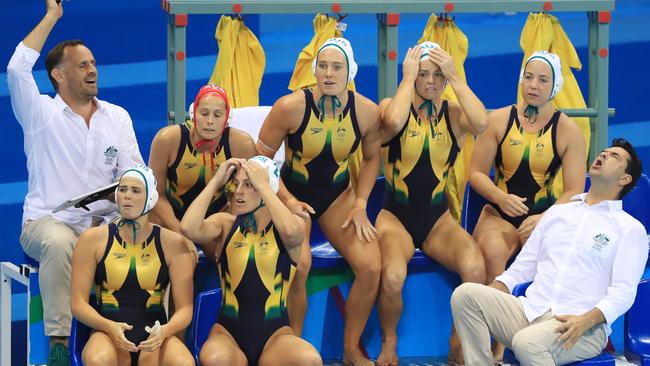 The Australian bench during the quarterfinal against Hungary. Picture: Alex Coppel.