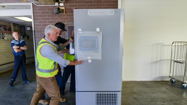 A COVID-19 freezer, ready to store vaccines, arrives at Flinders Medical Centre this week. Picture: Brenton Edwards