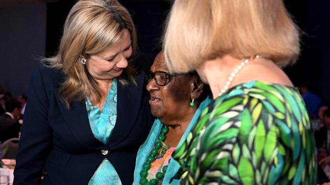 Queensland Premier Annastacia Palaszczuk (left) and Governor Dr Jeannette Young (right) talk to Dr Aunty McRose Elu during a Path to Treaty event.