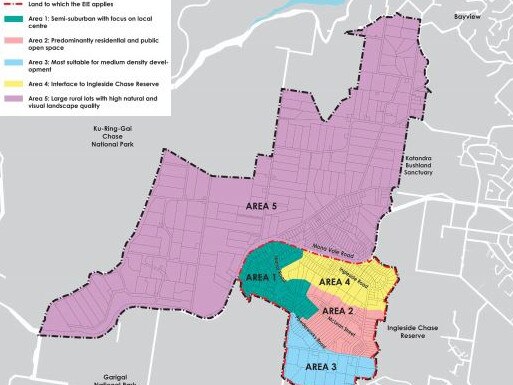 An overview map included in the draft Ingleside Place Strategy showing the five proposed 'character areas' within and near the redevelopment precinct. Picture: NSW Government