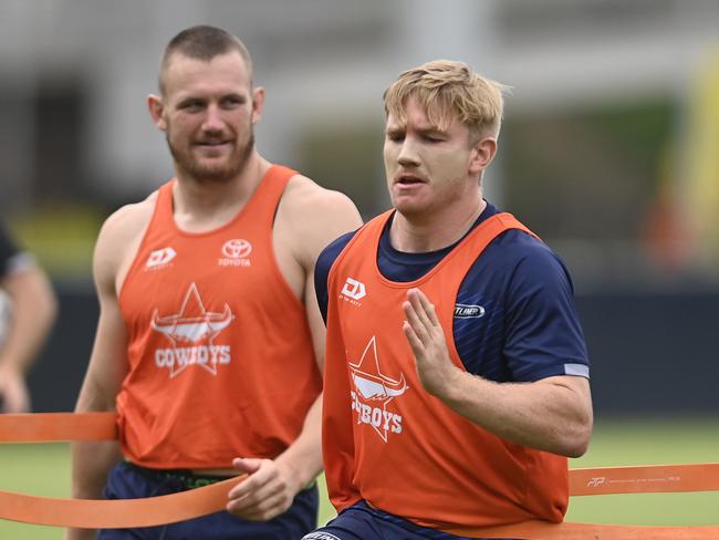 TOWNSVILLE, AUSTRALIA - JANUARY 11: Tom Dearden of the Cowboys trainsduring a North Queensland Cowboys  NRL training session at Qld Country Bank Stadium on January 11, 2024 in Townsville, Australia. (Photo by Ian Hitchcock/Getty Images)