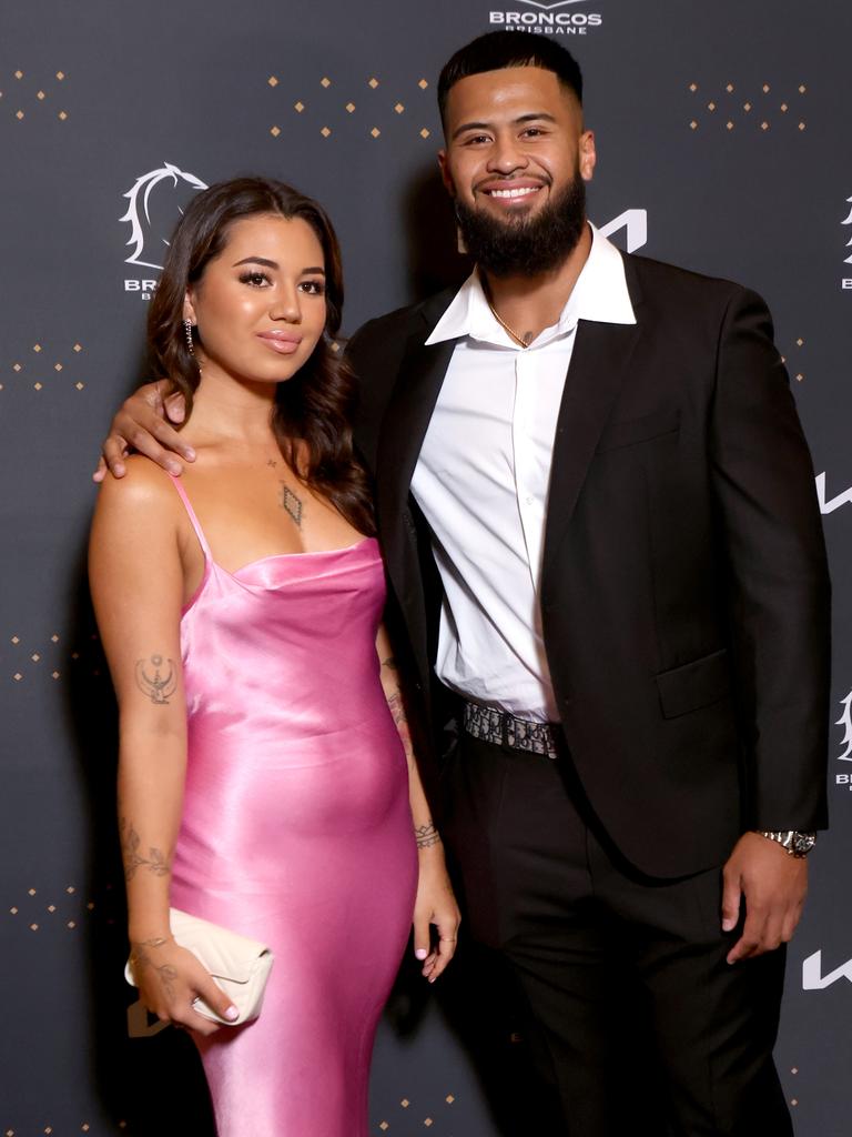 Payne Haas and Leilani Mohenoa at Brisbane Broncos’ 2022 awards night. Picture: Steve Pohlner