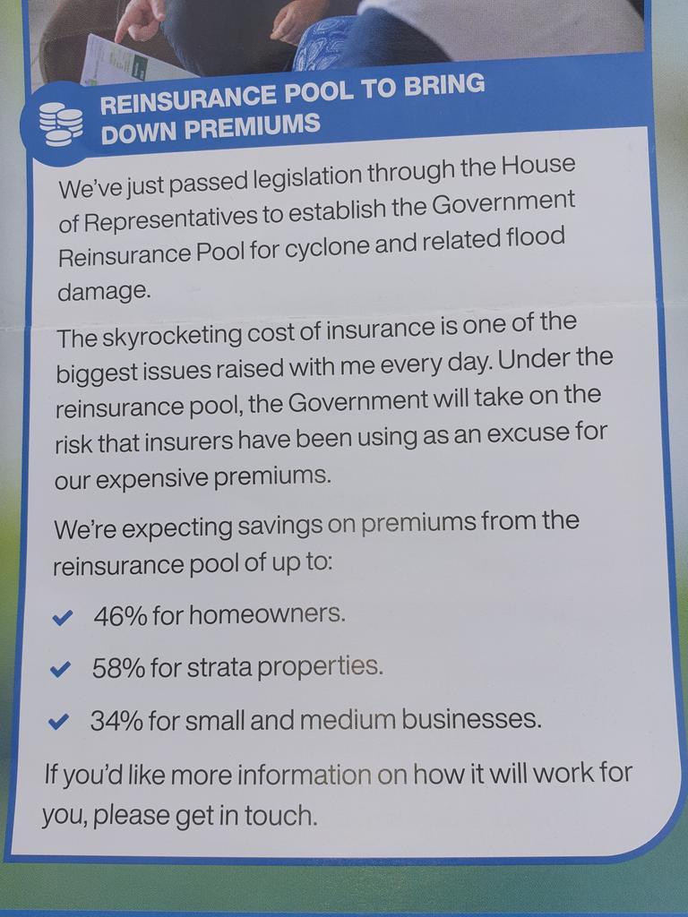 Herbert MP Philip Thompson's last election brochure included expected savings under the reinsurance pool scheme.