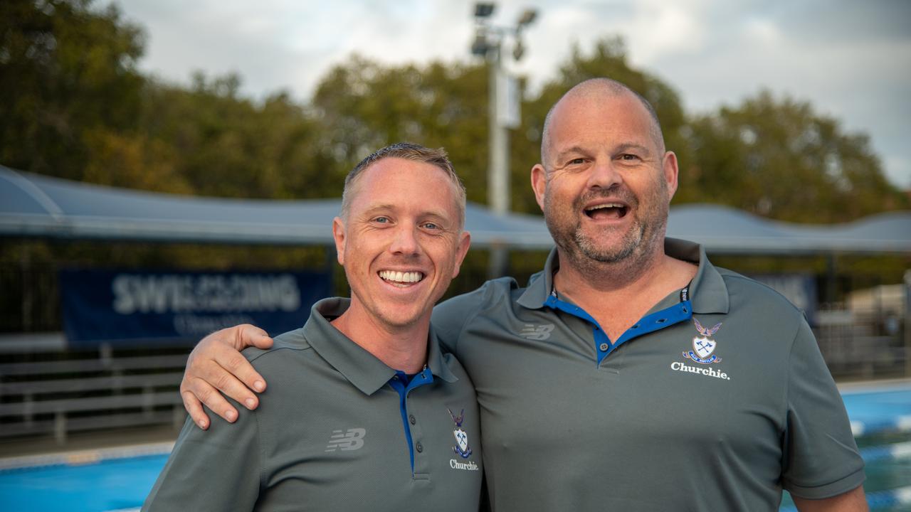 Liam Smith and Richard Sleight, former coaches of Churchie Swim Club, in happier times in late 2023. Photo: supplied.