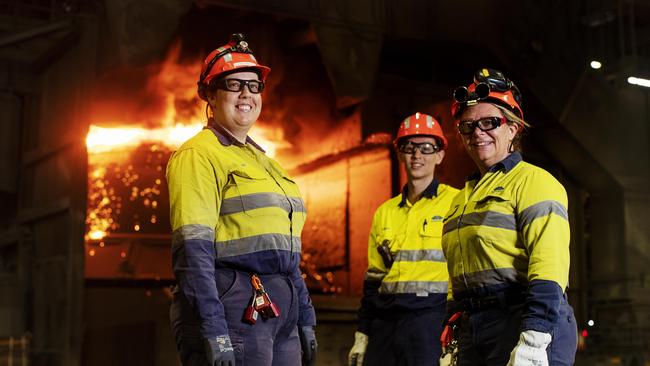 Ruby O’Driscoll, Edward Cook and Gill Smillie at BlueScope Steel’s manufacturing plant in Port Kembla. Picture: Nikki Short