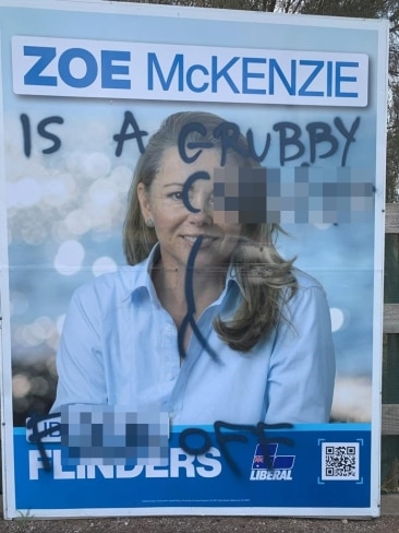 One or more perpetrators used black spray paint to write sexist and graphic language on advertising material. Picture: Supplied
