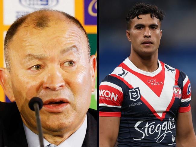 Wallabies coach Eddie Jones and Sydney Roosters star Joseph Suaalii.