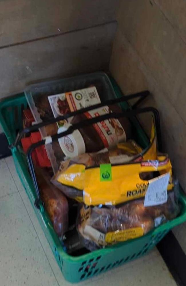 People are outraged by a single detail in this basket of stolen items from Woolworths. Picture: Facebook/Crime Watch Logan &amp; Queensland