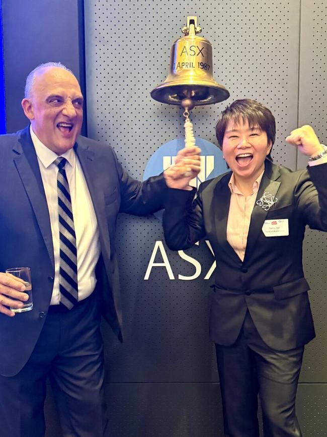 Chemist Warehouse China division boss Nancy Jian rings the bell with co-founder Mario Verrocchi as the firm is listed on the ASX.