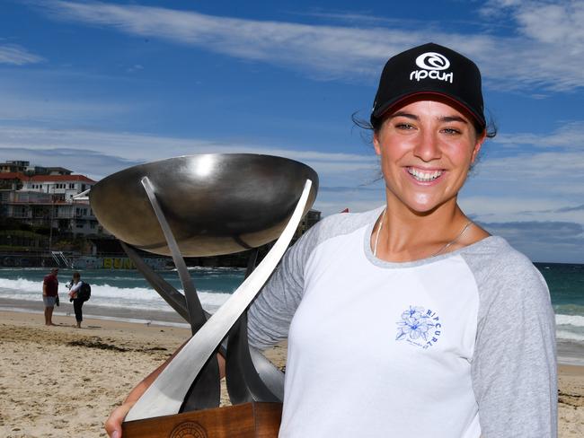 World champion surfer Tyler Wright with her trophy.