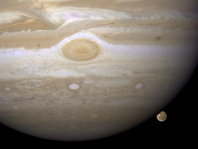 You can see here just how big the Great Red Spot. That’s Ganymede, Jupiter’s moon, lingering in the background. In this Hubble Telescope image, it looks as if Ganymede could fit inside the storm a couple of times. Picture: NASA