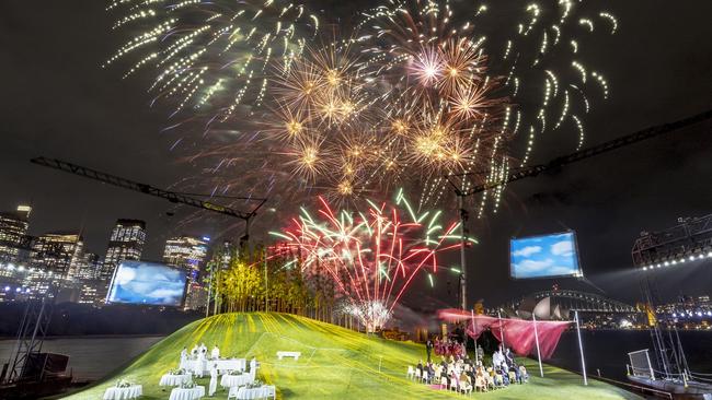 Fireworks at Handa Opera's Madama Butterfly on Sydney Harbour. Picture Keith Saunders