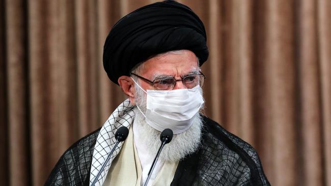 Iran's Supreme Leader. Ayatollah Ali Khamenei, wears a mask over his beard in Tehran. Picture: AFP