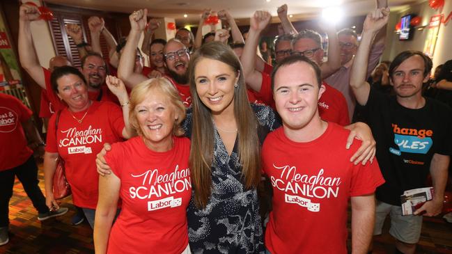 Election night — Gold Coast, then Labor Gaven candidate Meaghan Scanlon with her mother Margaret Scanlon, brother Callum Scanlon 21 and supporters at her election night party at Parkwood. Picture Mike Batterham