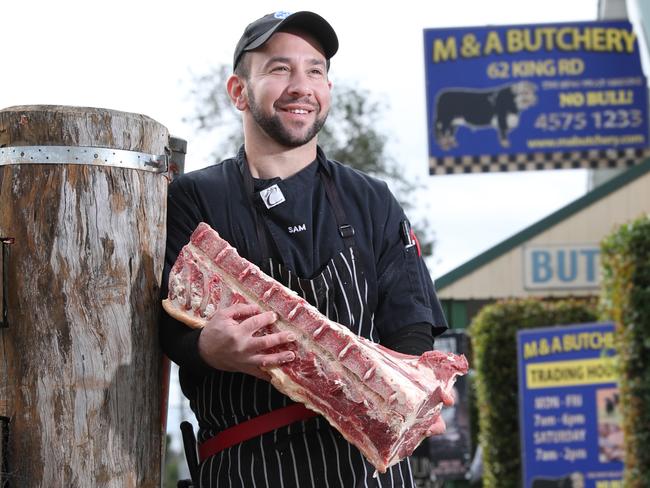 Pictured at his family owned butcher shop, M&A Butchery in Wilberforce in north west Sydney is Sam Diasinos.Business has been going gangbusters since COVID-19 began.Picture: Richard Dobson