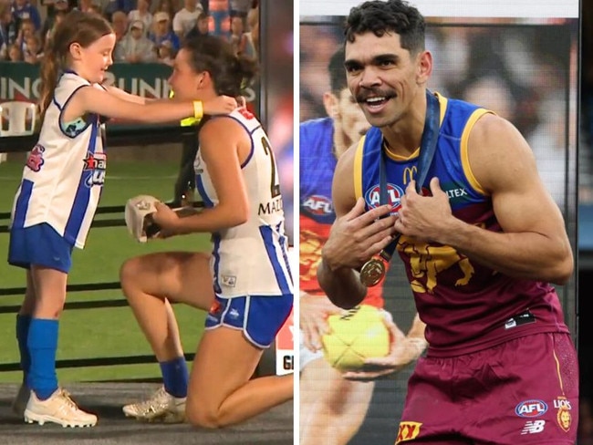 The AFLW presentation and Charlie Cameron after the men's decider. Photos: Fox Sports/Getty Images