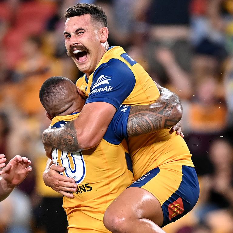 (L-R) Junior Paulo and Reagan Campbell-Gillard deliver a powerful one-two punch for Parra. Picture: Bradley Kanaris/Getty Images