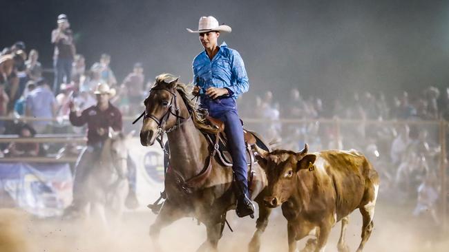 Eileen Ostwald won her steer wrestling meet at the Robbie Robbins Reserve. Picture: Celina Whan Photography