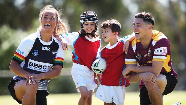 Jillaroo Isabelle Kelly and Eels Mitchell Moses with Matilda and Sid Landow filming the TV ad. Picture: Phil Hillyard