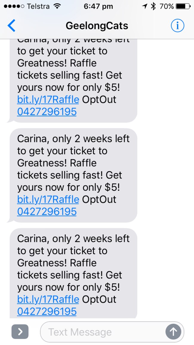 Geelong Football Club accidentally spammed fans with the same text message on Friday afternoon.