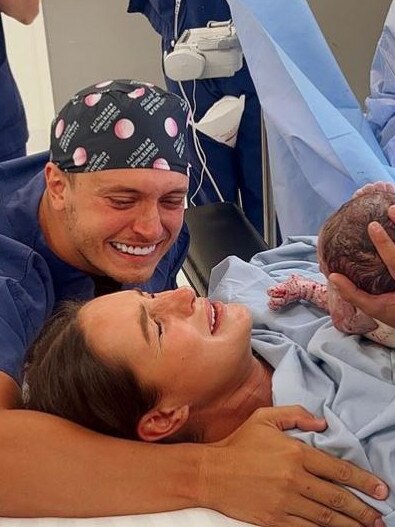 Kayla Itsines and fiance Jae Woodroffe welcomed their new baby boy Jax Stokes Woodroffe on January 5. Picture: Instagram