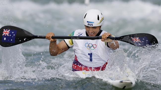 NCA. PARIS FRANCE. 2024 OLYMPIC GAMES. July 28 - Day2 Ã WomenÃs Kayak final at Vaires-sur-Marne Nautical Stadium .   Australias Jess Fox powers towards the finish line in a time that is good enough to win the gold medal . Pic: Michael Klein