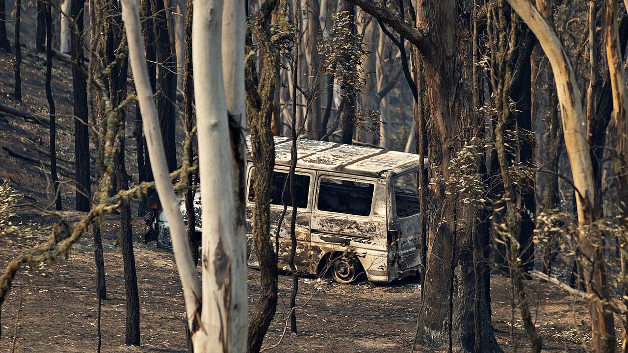 The fire damage around Mr Jermey’s home in Wytaliba. Picture: Adam Yip