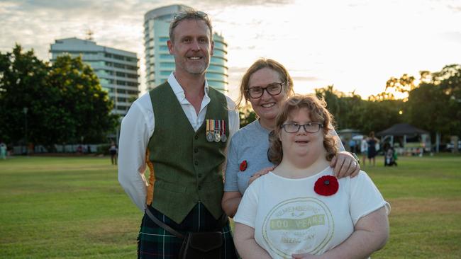 Monty Montgomery, Lisa Tiernan and Jenny Tiernan as Territorians gather in Darwin City to reflect on Anzac Day. Picture: Pema Tamang Pakhrin